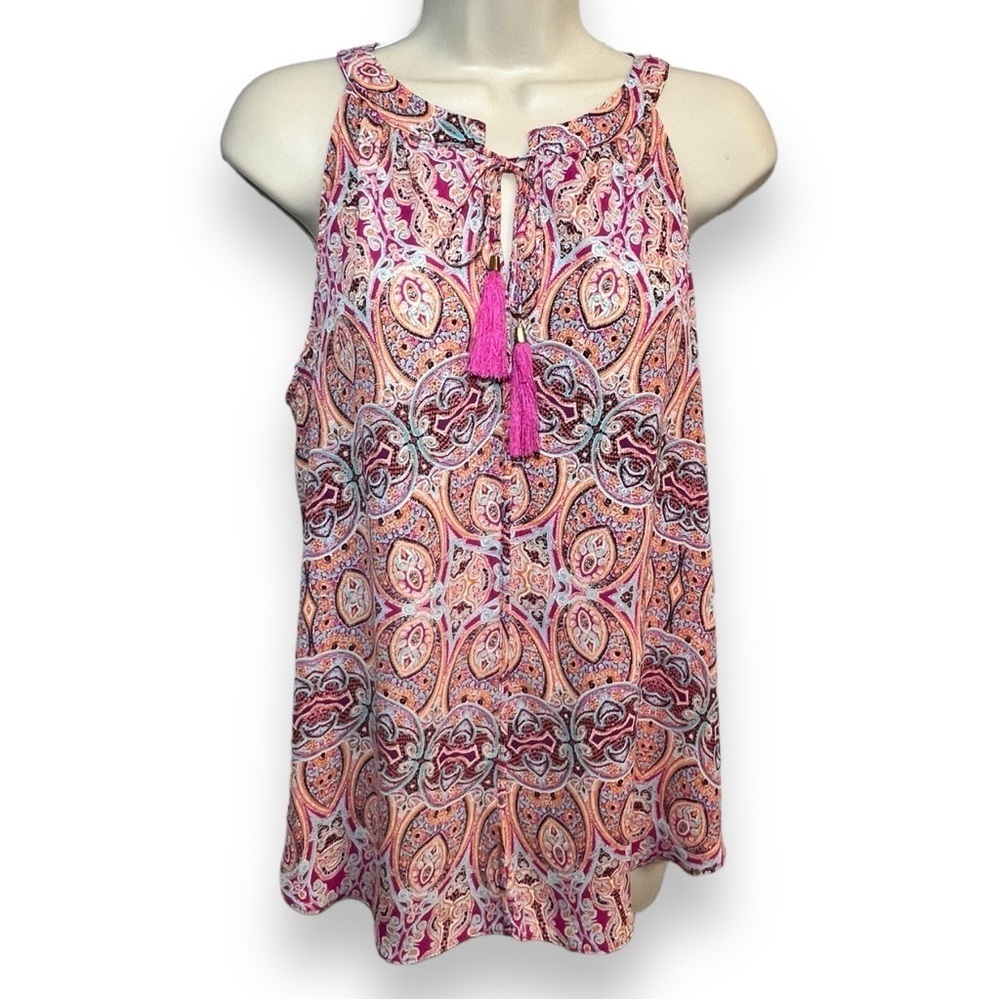 Rose + Olive Women’s Sleeveless Tie Neck Blouse Pink Paisley Size Medium